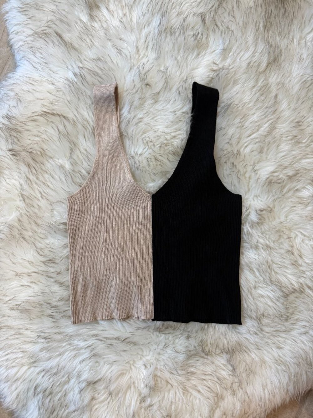 BCBG Paris Colorblock Ribbed Knit Sweater Tank Top Black Tan Medium M